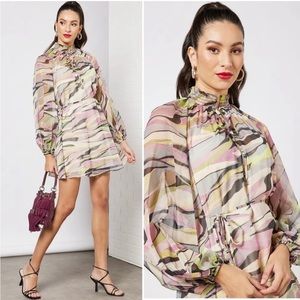 Ted Baker Zeenaa Blouson Sleeve Mini Dress, Dusky Pink Mod Print, Mock Neck